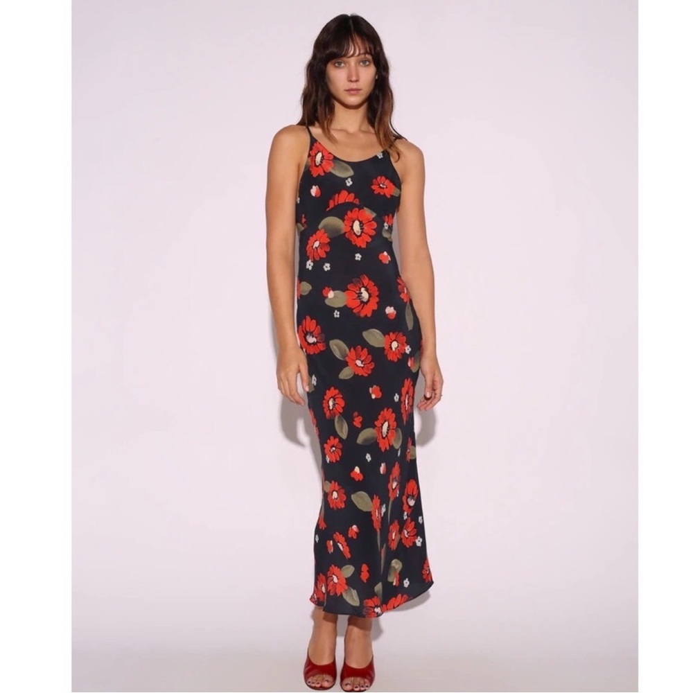 Realisation Par Black Satin Midi Slip Dress with Red Floral Print - Picture 6 of 13